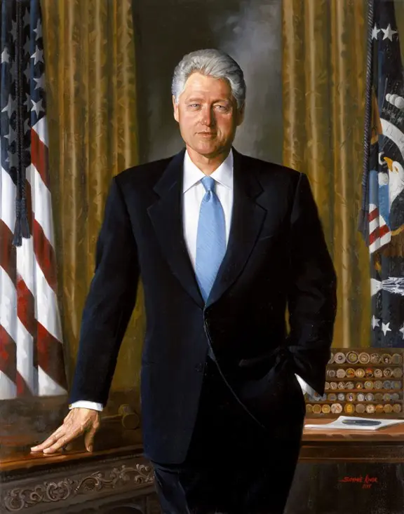 A painting of bill clinton in front of the american flag.