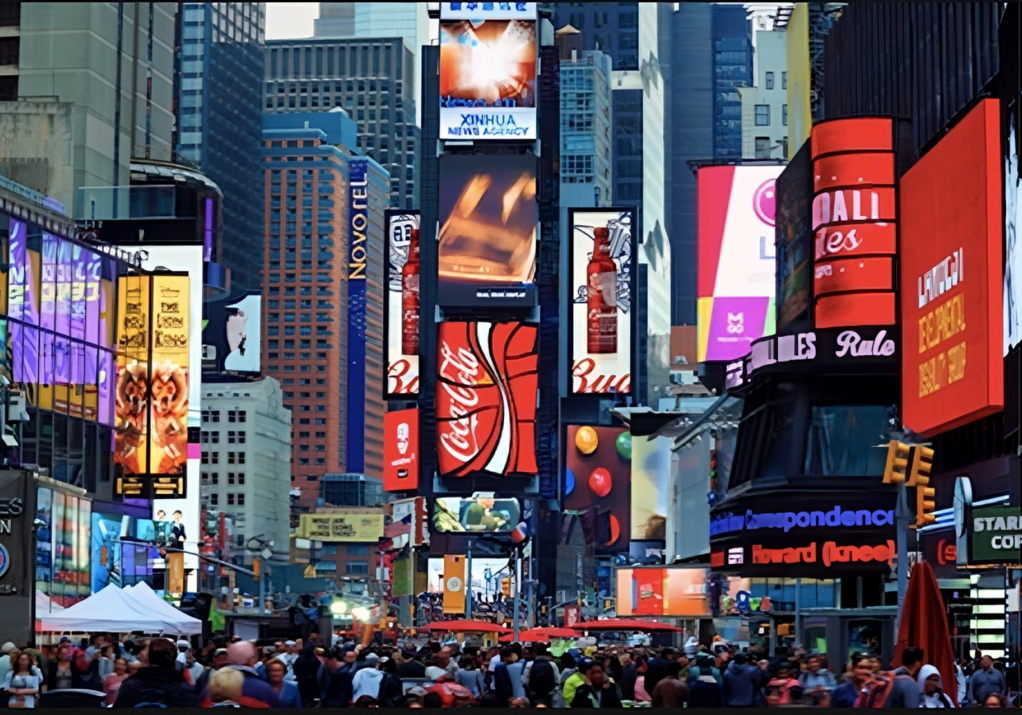 A crowd of people standing in the middle of a city.