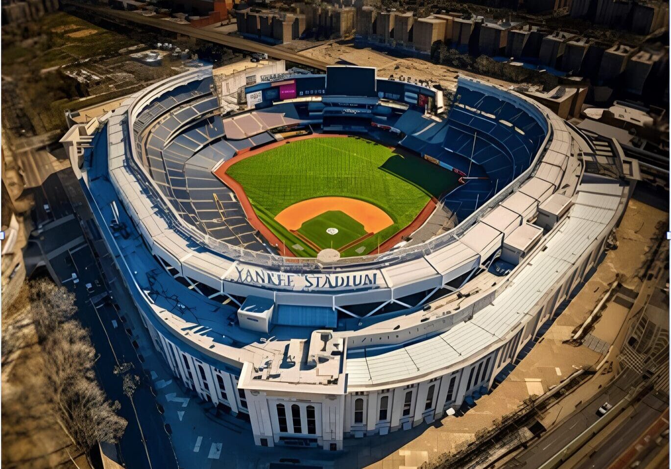 An aerial view of a baseball stadium with the field in the middle.